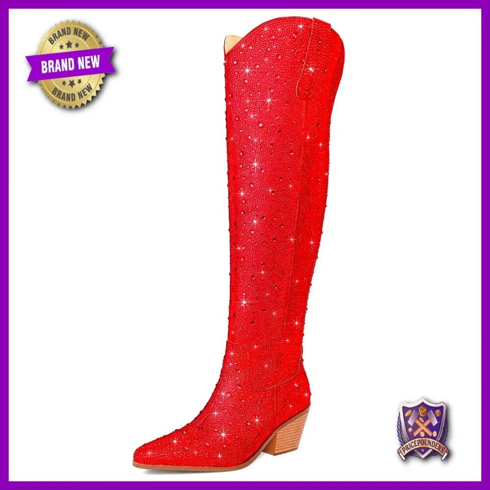 Rhinestone Over the Knee Cowboy Boots Sparkly Western Chunky Heel Pull-On